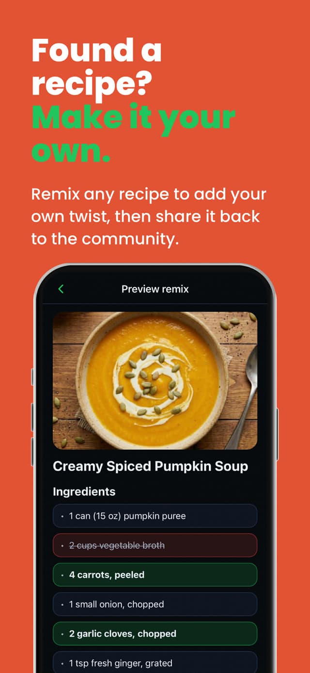 Remix any recipe — tweak it, make it yours, share it back