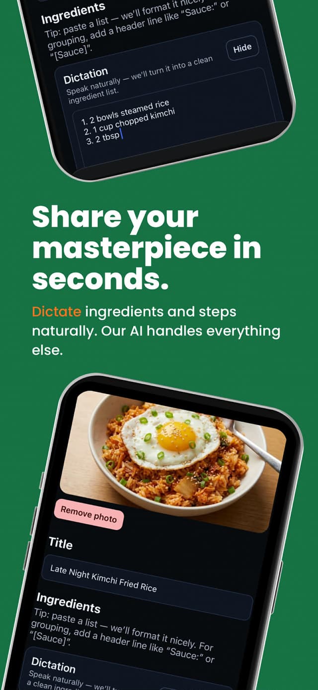 Post a recipe in seconds — dictate ingredients and steps with AI
